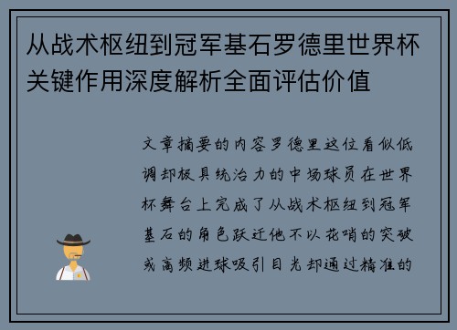 从战术枢纽到冠军基石罗德里世界杯关键作用深度解析全面评估价值